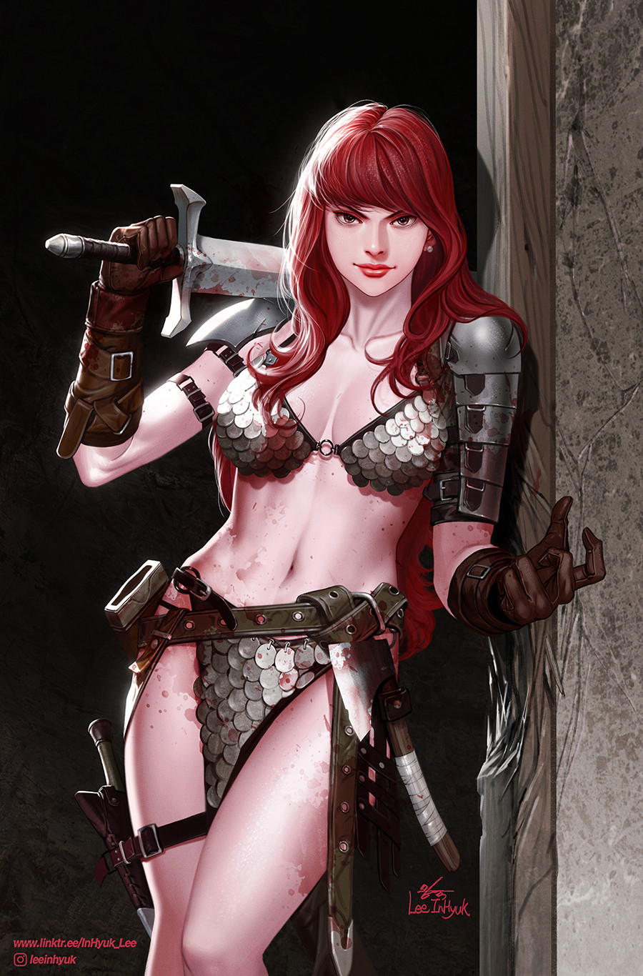 1girl armor belt bikini_armor brown_gloves earrings gloves highres holding holding_sword holding_weapon in-hyuk_lee jewelry long_hair navel over_shoulder pauldrons red_hair red_sonja red_sonja_(comics) shoulder_armor signature sword weapon weapon_over_shoulder web_address