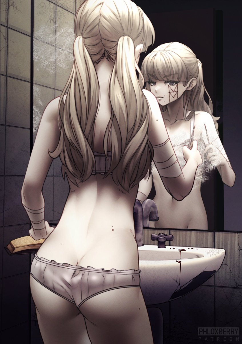 1other against_mirror ass bandaged_arm bandages blood blood_on_face bra fear_&amp;_hunger fear_&amp;_hunger_2:_termina highres holding_scalpel looking_at_mirror marina_(fear_&amp;_hunger) mirror mole mole_on_thigh otoko_no_ko panties phloxberry sight underwear