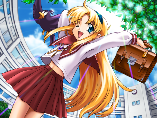 1girl alice_(alicesoft) alicesoft artist_request bird blonde_hair blue_eyes blue_hairband blue_sky brooch building charm_(object) cloud cowboy_shot day hairband jewelry long_hair long_sleeves non-web_source one_eye_closed open_mouth outdoors pleated_skirt red_sailor_collar red_skirt sailor_collar school school_briefcase school_uniform serafuku shirt skirt sky smile solo sunlight white_shirt