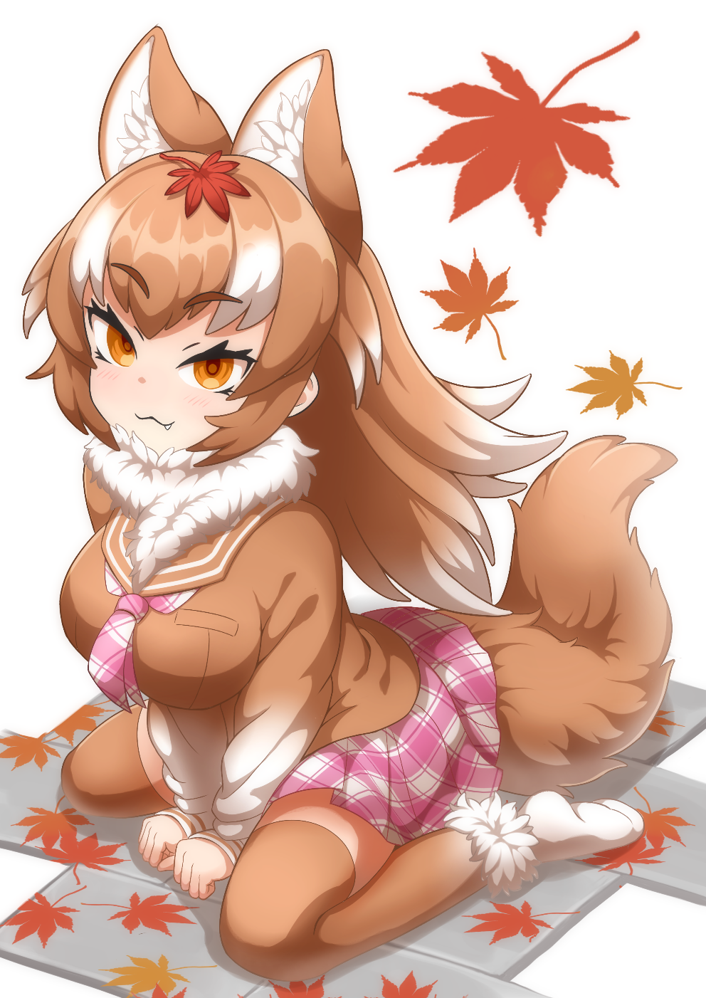 1girl :3 animal_ears autumn_leaves blush breasts brown_hair empty_eyes ev_(kemomimizuku) extra_ears fang fur_collar highres japanese_wolf_(kemono_friends) kemono_friends kemono_friends_3 large_breasts leaf leaf_on_head long_hair long_sleeves looking_at_viewer maple_leaf multicolored_hair neckerchief plaid_neckerchief shirt sitting skirt solo tail two-tone_hair wariza white_hair wolf_ears wolf_girl wolf_tail