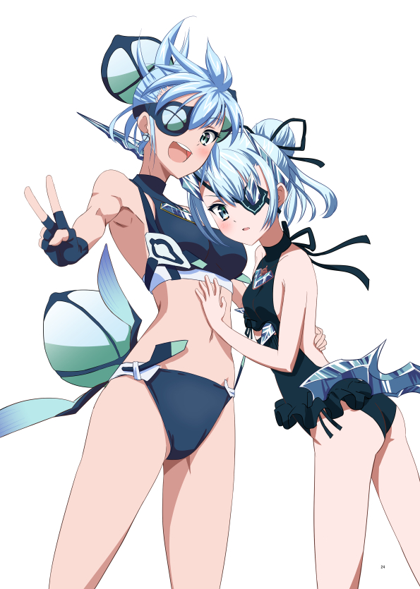 2girls :d asymmetrical_horns backless_swimsuit bangs bikini blue_bikini blue_eyes blue_gloves blue_hair blue_one-piece_swimsuit breasts eyepatch fingerless_gloves frilled_one-piece_swimsuit frills gloves hair_bun horns kageyasu looking_at_viewer multiple_girls navel one-piece_swimsuit open_mouth praxis_(xenoblade) siblings simple_background single_hair_bun sisters smile stomach swimsuit theory_(xenoblade) v white_background xenoblade_chronicles_(series) xenoblade_chronicles_2