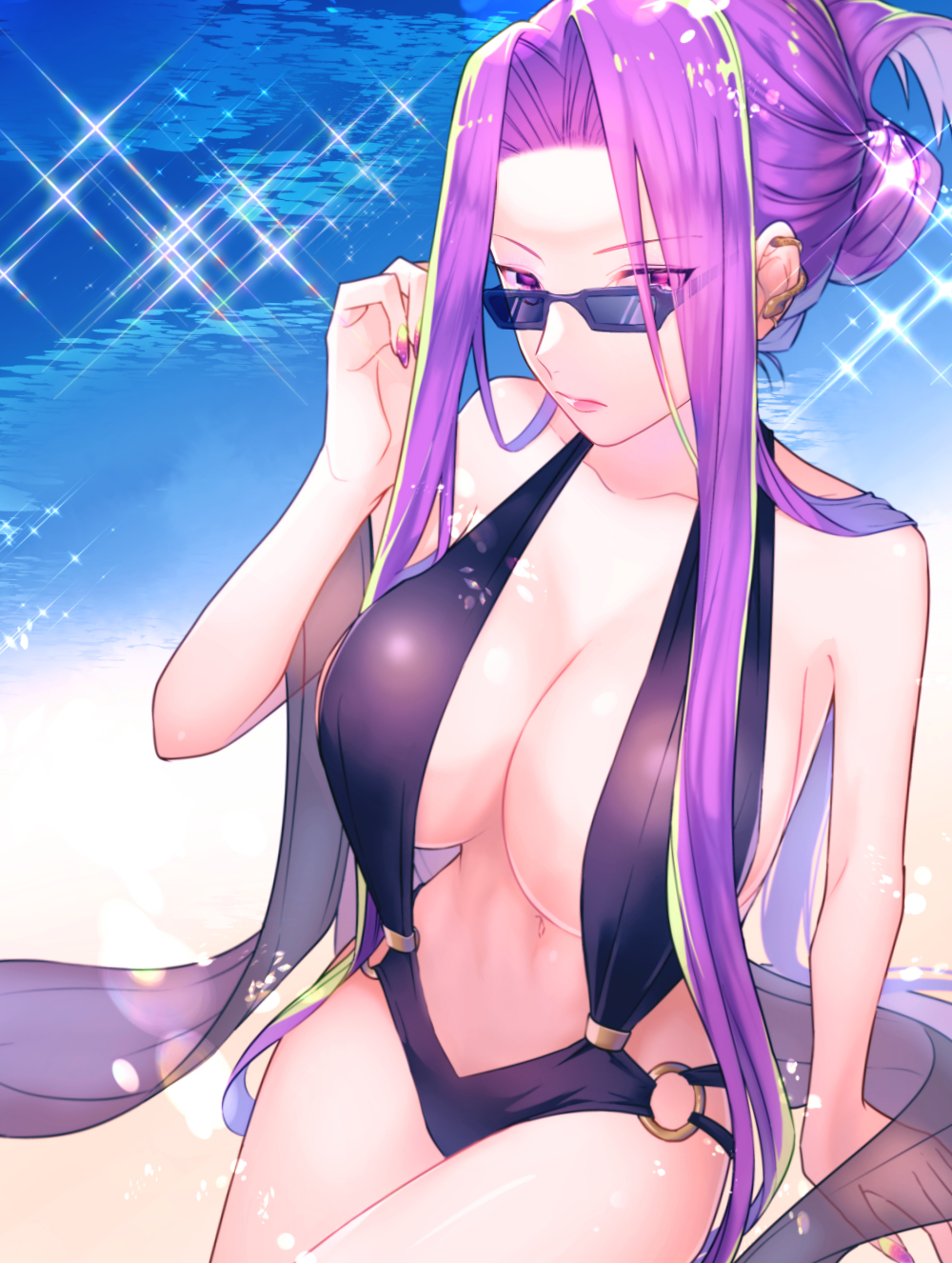 alternate_costume black_one-piece_swimsuit breasts fate/grand_order fate_(series) forehead gorgon_(fate) highres large_breasts long_hair looking_at_viewer medusa_(fate) nail_polish nuso one-piece_swimsuit purple_eyes purple_hair solo sunglasses swimsuit upper_body very_long_hair