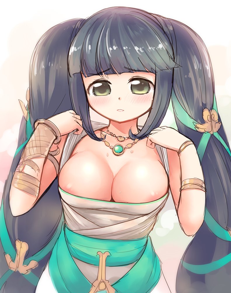 1girl areola_slip bangs black_hair blue_gemstone blue_ribbon blue_sash blunt_bangs blush breasts character_request cleavage commentary_request cowboy_shot dress emurin gem green_eyes hair_ribbon jewelry large_breasts long_hair looking_at_viewer necklace parted_lips ribbon sash sleeveless sleeveless_dress solo tree_of_savior twintails very_long_hair white_dress