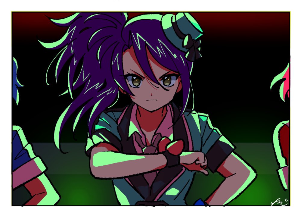 1boy 2girls backlighting border closed_mouth collared_shirt dorothy_west green_headwear green_jacket hair_between_eyes hat idol idol_clothes jacket leona_west long_hair looking_at_viewer mini_hat multiple_girls out_of_frame pretty_(series) pripara purple_hair rituyama1 serious shirt short_sleeves side_ponytail signature solo_focus toudou_shion upper_body v-shaped_eyebrows white_border white_shirt yellow_eyes