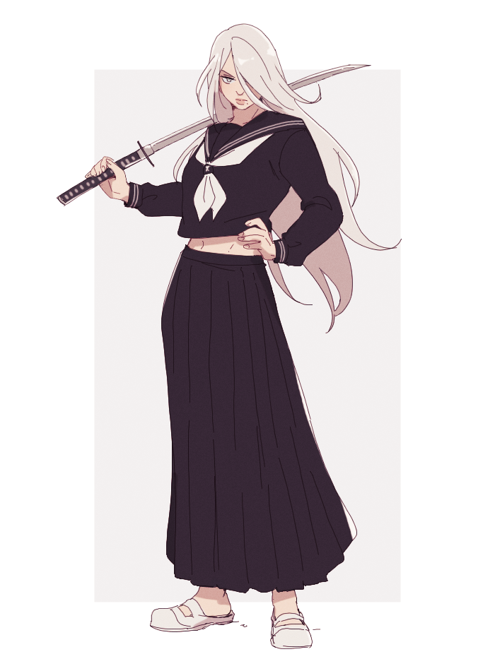 1girl black_serafuku contrapposto delinquent full_body grey_eyes grey_hair hair_over_one_eye hand_on_own_hip hanpetos holding holding_sword holding_weapon katana lips long_hair long_skirt midriff mole mole_under_eye nier:automata nier_(series) pleated_skirt sandals school_uniform serafuku serious skirt solo sukeban sword weapon yorha_type_a_no._2