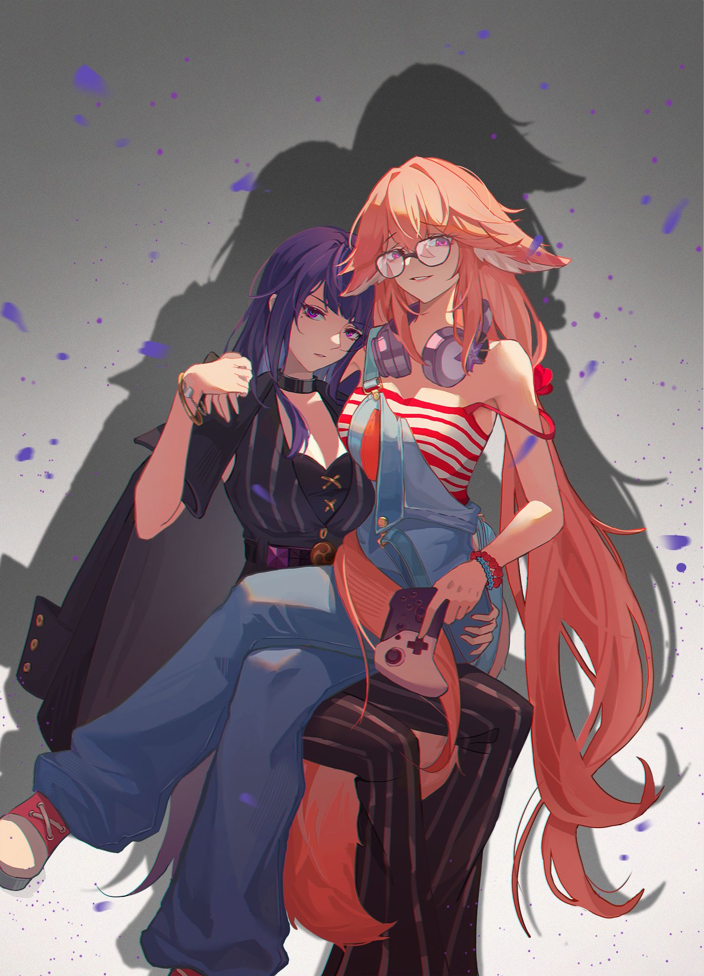 2girls alternate_costume animal_ears barefoot black_pants blue_pants bracelet breasts chiwu199 crossed_legs fox_ears fox_girl full_body furrowed_brow genshin_impact glasses gradient_background hair_between_eyes hand_on_another's_hand hand_on_another's_hip handheld_game_console headphones headphones_around_neck highres holding holding_handheld_game_console jewelry large_breasts long_hair looking_at_viewer mole mole_under_eye multiple_girls pants parted_lips pink_hair purple_eyes purple_hair raiden_shogun serious shadow simple_background sitting sitting_on_lap sitting_on_person smile striped striped_pants xbox_controller yae_miko yuri