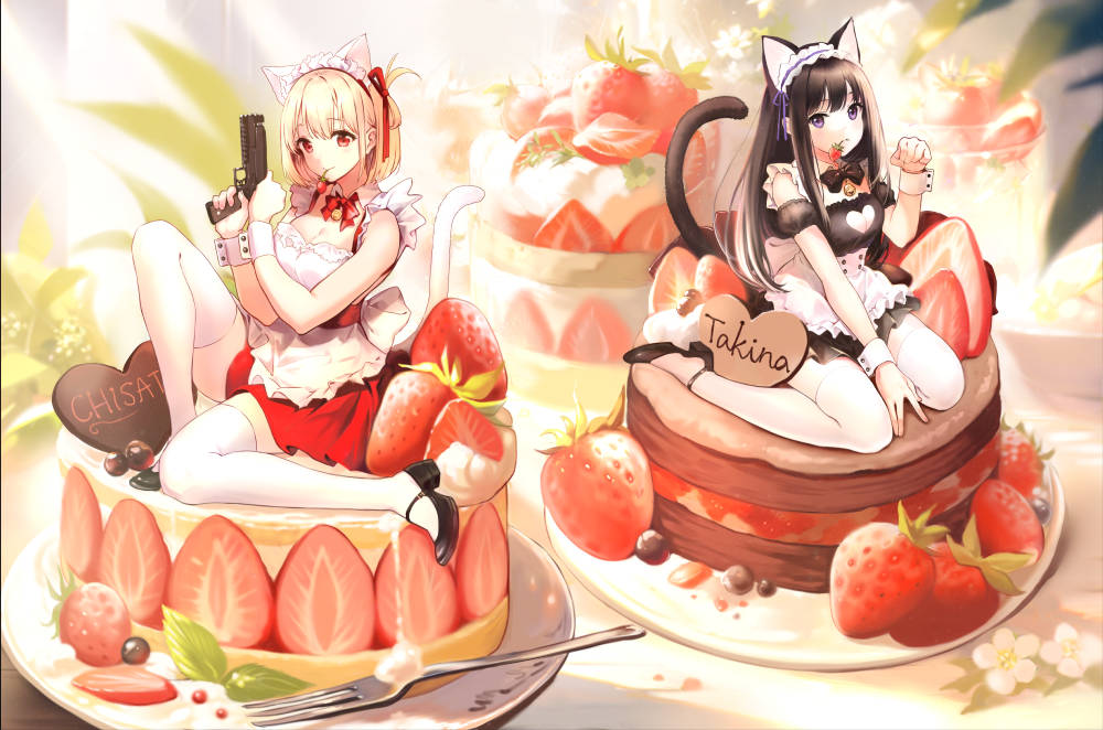 2girls alternate_costume animal_ears bell black_bow black_bowtie black_dress black_footwear black_hair blonde_hair blurry blurry_background bow bowtie breasts cake cat_ears cat_girl cat_tail character_name cleavage cleavage_cutout clothing_cutout collar commentary_request detached_collar detached_sleeves dress enmaided flower food food_in_mouth fork fruit gun hair_ribbon hand_up heart_cutout high_heels holding holding_gun holding_weapon inoue_takina jingle_bell kemonomimi_mode long_hair lycoris_recoil maid medium_breasts mini_person minigirl mouth_hold multiple_girls neck_bell nishikigi_chisato paw_pose pierorabu plate puffy_short_sleeves puffy_sleeves purple_eyes red_ribbon ribbon shoes short_sleeves simple_background sitting sleeveless sleeveless_dress solo strawberry tail thighhighs translation_request very_long_hair wariza weapon white_background white_collar white_thighhighs wing_collar wrist_cuffs