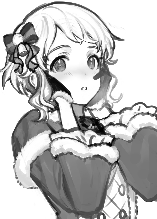 1girl bell blush bow bowtie buttons capelet commentary_request fur-trimmed_capelet fur-trimmed_gloves fur-trimmed_sleeves fur_trim gloves greyscale hair_bow hands_on_own_cheeks hands_on_own_face hands_up idolmaster idolmaster_million_live! idolmaster_million_live!_theater_days long_sleeves looking_at_viewer makabe_mizuki mimizubare monochrome official_alternate_costume parted_lips short_hair sidelocks solo wavy_hair white_background