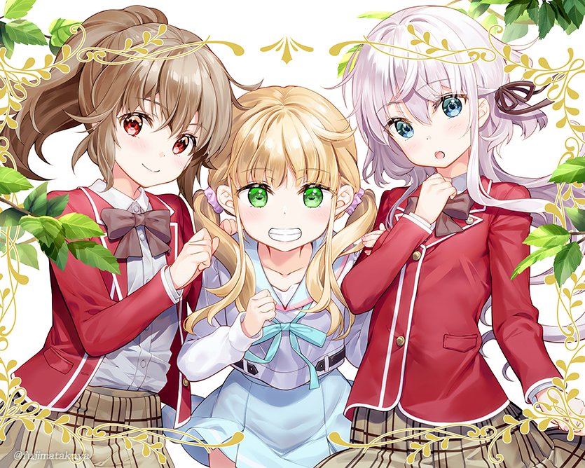 3girls :o black_ribbon blazer blonde_hair blue_bow blue_eyes blue_sailor_collar blue_skirt blush bow brown_bow brown_hair brown_skirt character_request closed_mouth collared_shirt commentary_request dress_shirt fujima_takuya green_eyes grey_hair grin hair_between_eyes hair_over_shoulder hair_ribbon hand_up jacket kamata_sanon long_hair low_twintails multiple_girls official_art open_clothes open_jacket open_mouth pleated_skirt ponytail red_eyes red_jacket ribbon sailor_collar school_uniform serafuku shirt simple_background skirt smile takuaka! twintails ushida_ryouko white_background white_shirt