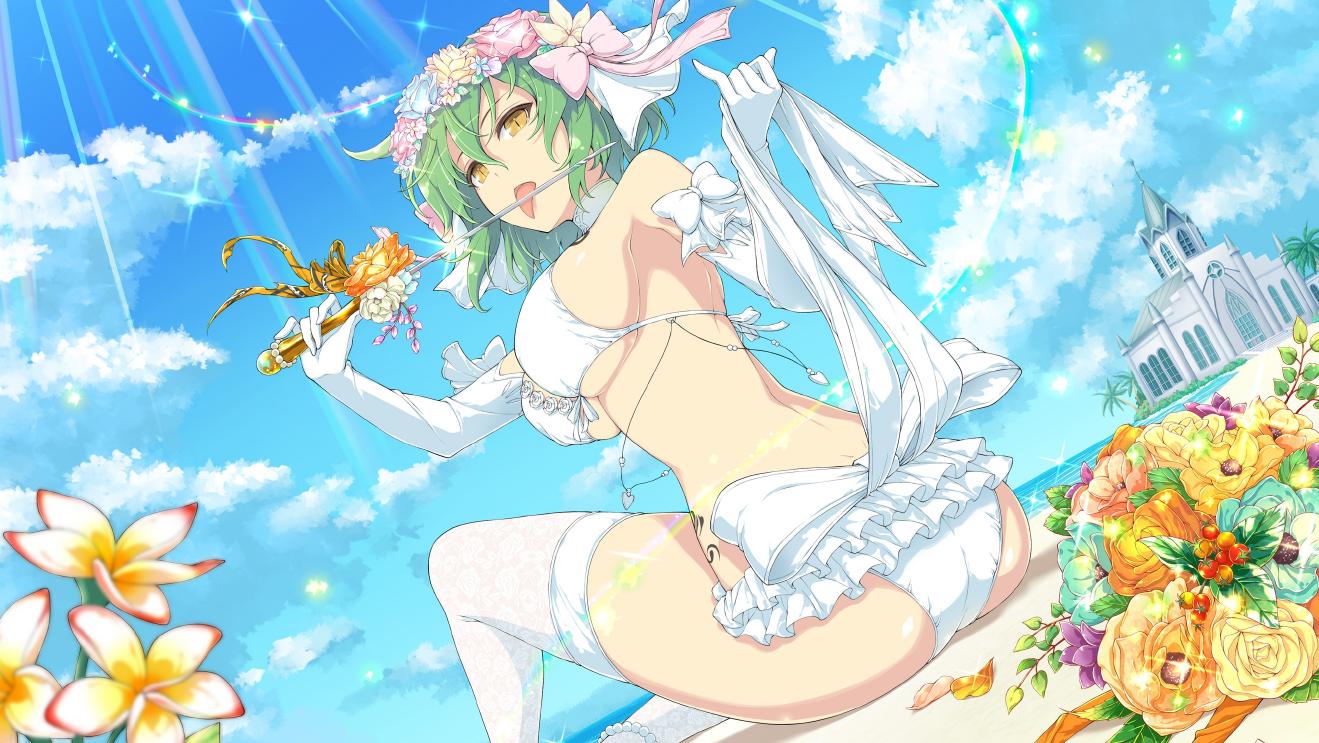 1girl anklet ass beach blue_sky bra breast_tattoo breasts bridal_lingerie bride church cloud day flower gloves green_flower green_hair green_rose hair_flower hair_ornament hikage_(senran_kagura) holding holding_weapon horizon jewelry lace-trimmed_legwear lace_trim large_breasts licking licking_blade licking_weapon lingerie looking_at_viewer ocean official_alternate_costume official_art open_mouth orange_flower orange_rose outdoors palm_tree panties ribbon rose sand senran_kagura senran_kagura_new_link senran_kagura_shoujo-tachi_no_shin'ei short_hair short_sword sitting sky slit_pupils solo steeple sword tantou tattoo thighhighs tongue tongue_out tree underboob underwear water weapon white_bra white_flower white_gloves white_panties white_ribbon white_thighhighs yaegashi_nan yellow_eyes yellow_flower yellow_rose