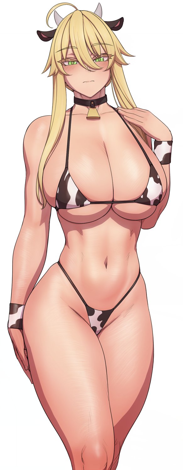 1girl alternate_costume animal_print artoria_pendragon_(fate) artoria_pendragon_(lancer)_(fate) ass bikini black_hair blonde_hair breasts cleavage closed_mouth commentary cow_print english_commentary fate/grand_order fate_(series) glasses green_eyes highres looking_at_viewer lvl_(sentrythe2310) navel simple_background solo stomach swimsuit thighs underboob white_background