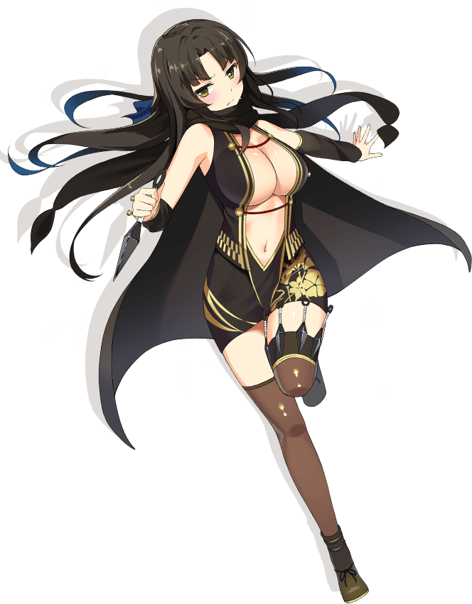 1girl bare_shoulders breasts brown_footwear brown_hair green_eyes kunai large_breasts light_blush long_hair moe!_ninja_girls navel ninja official_art saion-ji_enju solo tagme thighhighs thighs transparent_background very_long_hair weapon