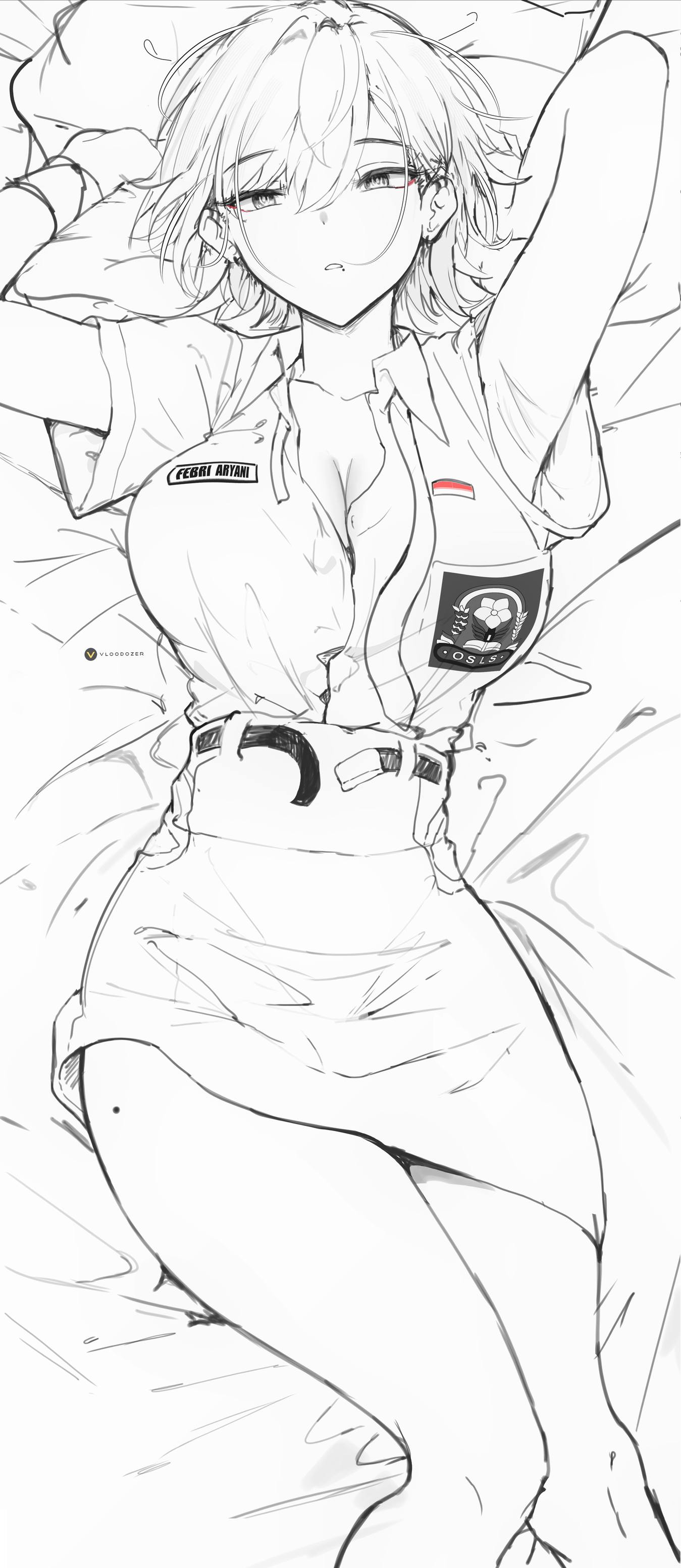 1girl absurdres armpits artist_logo breasts cleavage collared_shirt ear_piercing highres indonesian_flag indonesian_high_school_uniform large_breasts looking_at_viewer lying mole mole_on_thigh mole_under_mouth on_bed original parted_lips piercing school_uniform shirt short_hair short_sleeves sketch skirt solo upper_body vloodozer