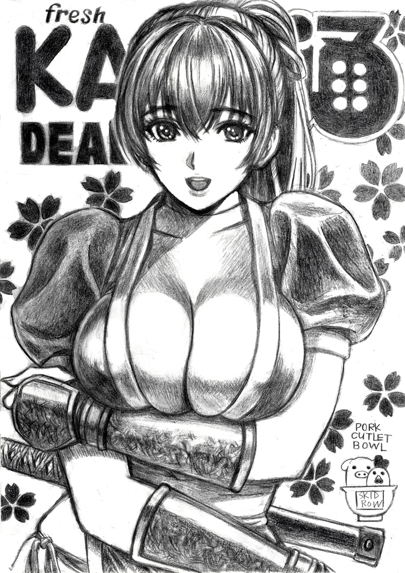 1girl arm_guards arms_under_breasts bird breasts chicken choker cleavage commentary_request covered_nipples dead_or_alive dead_or_alive_6 dead_or_alive_xtreme_venus_vacation english_text floral_background greyscale hair_ribbon kasumi_(doa) large_breasts looking_at_viewer monochrome ninja open_mouth panties pelvic_curtain pig ponytail puffy_short_sleeves puffy_sleeves ribbon short_sleeves side-tie_panties signature skidrow smile solo underwear upper_body weapon weapon_on_back