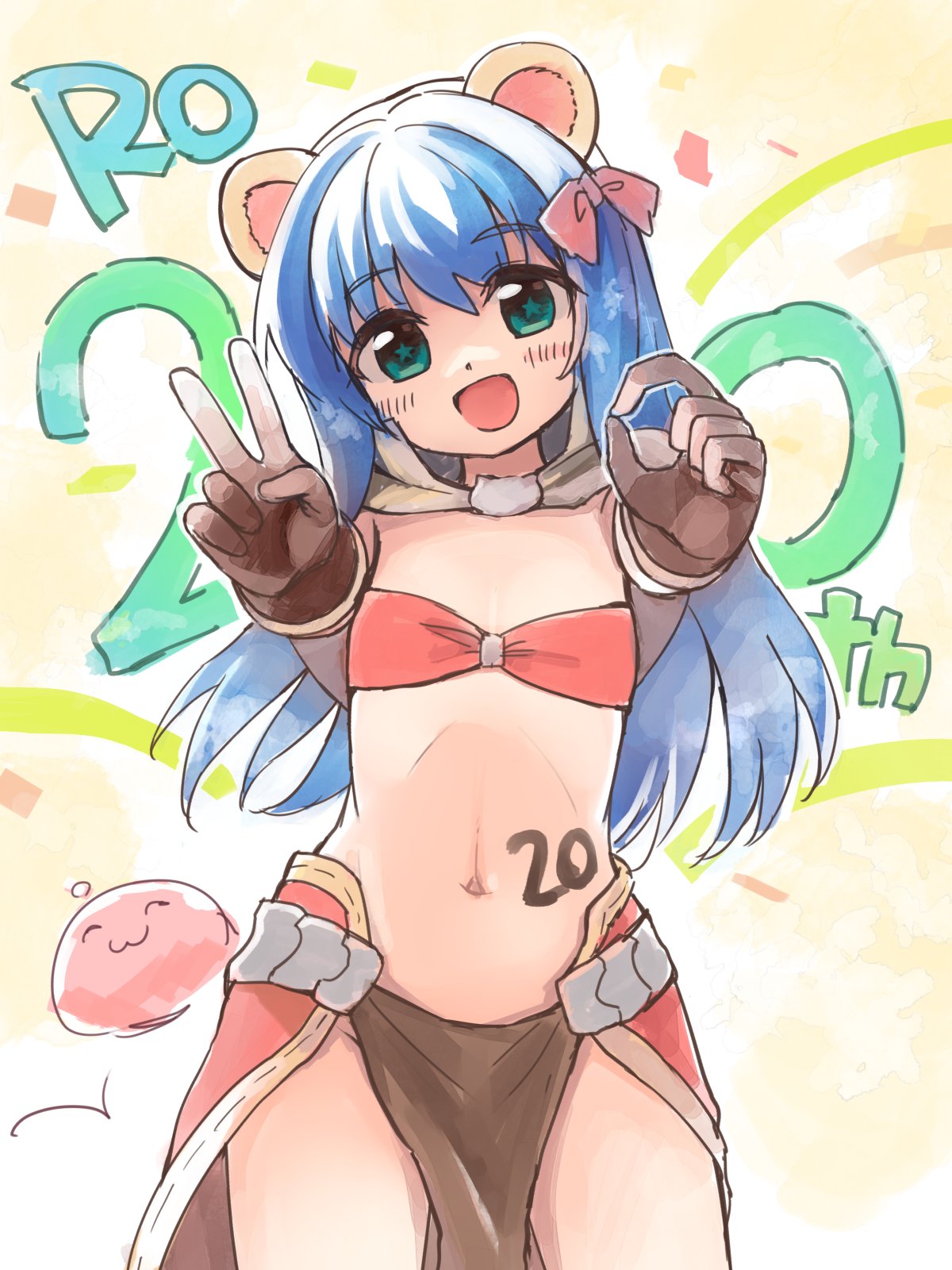 1girl :3 :d animal_ears anniversary bangs bikini bikini_top_only blue_hair blush bow brown_capelet brown_gloves capelet commentary_request confetti cowboy_shot elbow_gloves emurin finger_counting flat_chest gloves green_eyes hair_bow highres long_hair looking_at_viewer mage_(ragnarok_online) majiko_(emurin) midriff monkey_ears navel open_mouth pelvic_curtain poring ragnarok_online red_bikini red_bow red_skirt showgirl_skirt skirt slime_(creature) smile star-shaped_pupils star_(symbol) swimsuit symbol-shaped_pupils v