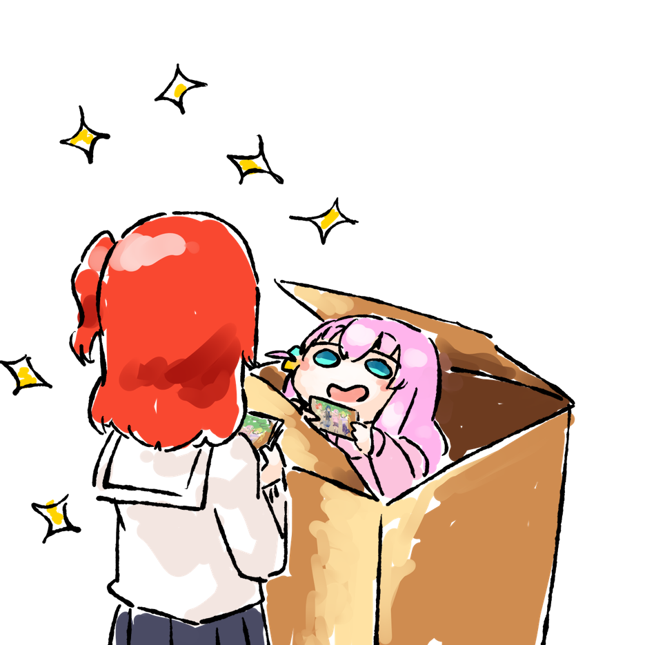 2girls blush_stickers bocchi_the_rock! box cardboard_box chibi gotou_hitori in_box in_container kita_ikuyo long_hair multiple_girls one_side_up pink_hair red_hair sailor_collar school_uniform shuka_high_school_uniform smile sparkle white_sailor_collar yaise