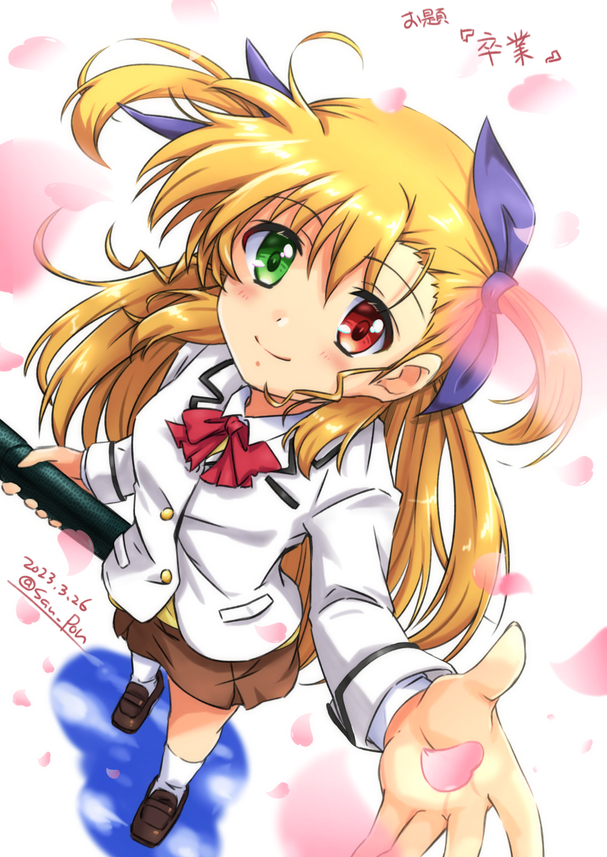 1girl artist_name blonde_hair blush breasts closed_mouth dated hair_ribbon heterochromia highres long_hair looking_at_viewer lyrical_nanoha mahou_shoujo_lyrical_nanoha_vivid miniskirt neckerchief red_neckerchief ribbon san-pon school_uniform signature skirt small_breasts smile solo vivid_strike! vivio