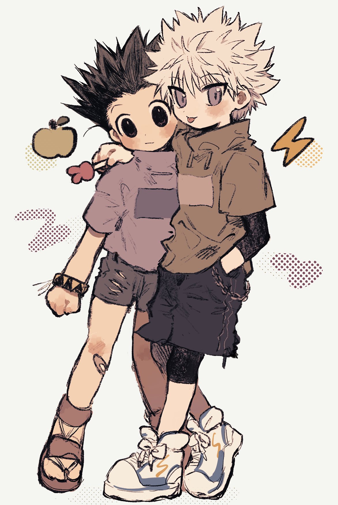 2boys bandaid bandaid_on_leg black_eyes bracelet candy closed_mouth commentary couple food full_body gon_freecss hand_in_pocket hand_on_another's_shoulder highres holding holding_candy holding_food hunter_x_hunter jewelry killua_zoldyck layered_sleeves looking_at_viewer male_child male_focus multiple_boys na8_06 short_hair short_sleeves shorts simple_background smile spiked_hair symbol-only_commentary tongue tongue_out white_hair yaoi