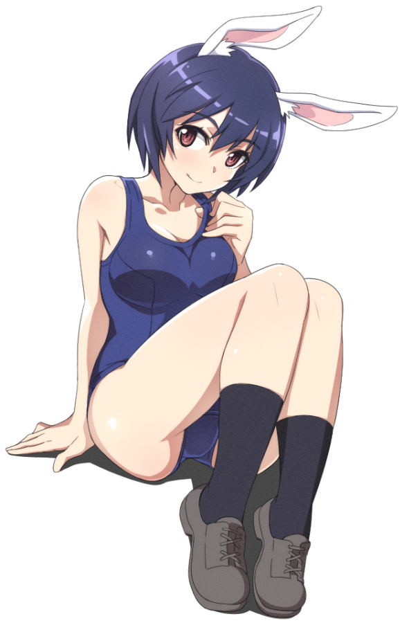 1girl animal_ears blue_hair blue_one-piece_swimsuit blush brave_witches breasts cleavage closed_mouth collarbone crotch looking_at_viewer nanashino one-piece_swimsuit rabbit_ears red_eyes shimohara_sadako short_hair simple_background smile solo swimsuit white_background world_witches_series