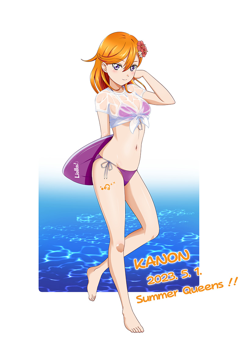 1girl barefoot bikini dated flower full_body gx9900wing hair_flower hair_ornament kickboard looking_at_viewer love_live! love_live!_superstar!! medium_hair orange_hair purple_bikini purple_eyes see-through see-through_shirt shibuya_kanon shirt side-tie_bikini_bottom solo swimsuit tied_shirt wet wet_clothes wet_shirt