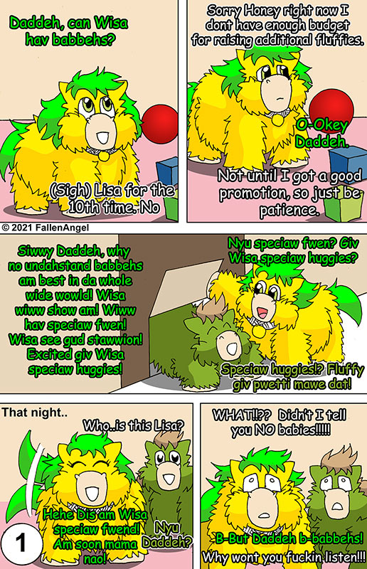 2023 afterimage ambiguous_gender baby_talk ball border brown_hair collar comic disappointed dog_tags door duo english_text eyes_closed fallenangel female_(lore) first_page fluffy_pony fluffy_pony_(species) fur green_body green_fur green_hair grey_floor hair happy innuendo inside lisa_(fluffy_pony) male_(lore) mammal motion_lines offscreen_character pet_door pink_floor suggestive_dialogue tail tail_motion tailwag tan_wall text toy_block white_border worried yellow_body yellow_fur