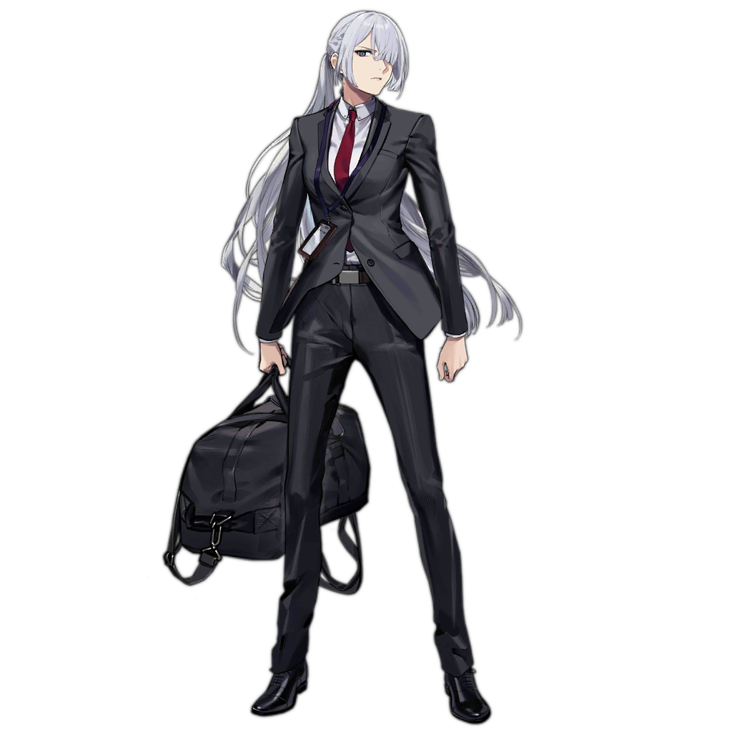 1girl ak-15_(girls'_frontline) bag belt black_footwear black_jacket black_pants brown_belt business_suit closed_mouth duffel_bag duoyuanjun formal full_body girls'_frontline grey_hair hair_over_one_eye holding id_card jacket lanyard light_frown long_hair long_sleeves looking_at_viewer necktie official_alternate_costume official_art pants ponytail purple_eyes red_necktie shirt shoes simple_background solo standing suit transparent_background very_long_hair white_shirt