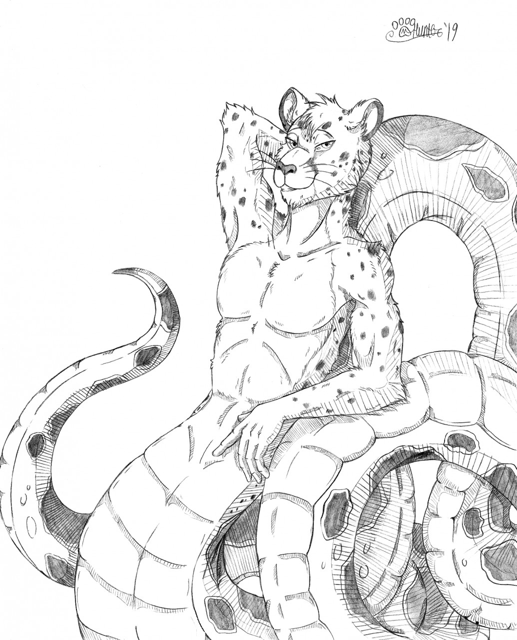 2019 anthro apode cheetah clenched_teeth draconcopode felid feline fur half-closed_eyes hand_behind_head hi_res hybrid kujura_(character) leaning leaning_back legless looking_at_viewer male mammal marcushunter naga narrowed_eyes nude pose reptile scales scalie serpentine signature smile smiling_at_viewer snake solo teeth whiskers