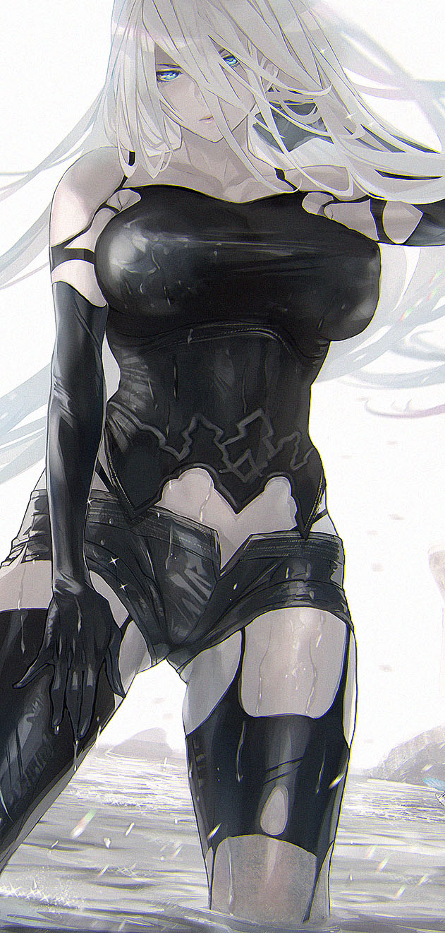 1girl a2_(nier:automata) android bare_shoulders black_gloves blue_eyes breasts cropped_legs elbow_gloves gloves highres impossible_clothes impossible_shirt joints large_breasts long_hair maeshima_shigeki nier:automata nier_(series) partially_submerged robot_joints shirt short_shorts shorts solo standing thighhighs torn_clothes torn_thighhighs wet