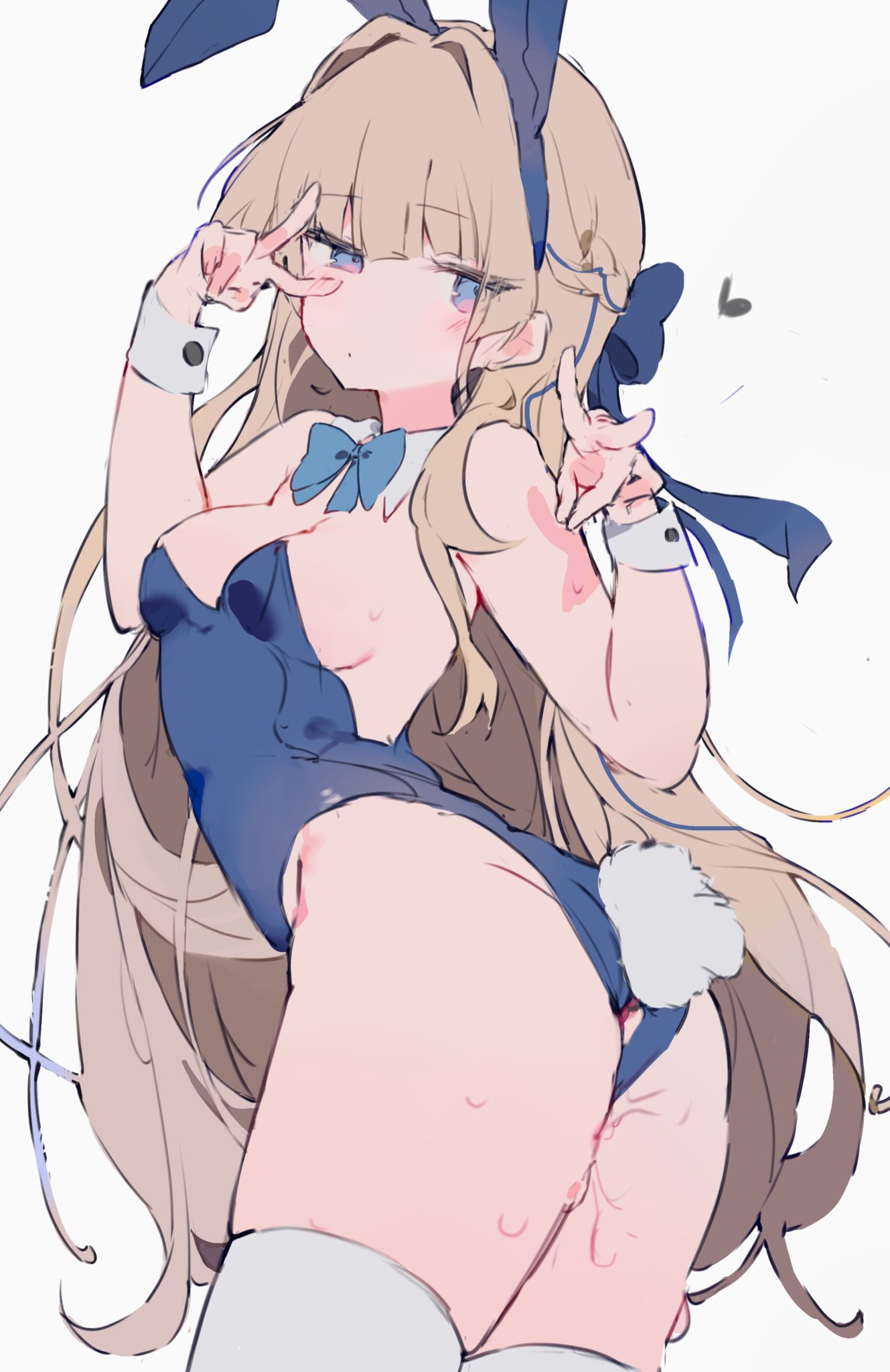 1girl anal anal_object_insertion anal_tail animal_ears anus_cutout ass bare_shoulders blonde_hair blue_archive blue_bow blue_bowtie blue_eyes blue_leotard blunt_bangs blush bow bowtie braid breasts cleavage closed_mouth clothing_cutout cowboy_shot detached_collar double_v eyes_visible_through_hair fake_animal_ears fake_tail grey_background hair_bow hair_intakes hair_ribbon hands_up heart highres leotard long_hair looking_at_viewer looking_back medium_breasts o_(jshn3457) object_insertion playboy_bunny pussy_juice rabbit_ears rabbit_tail ribbon sex_toy simple_background sketch solo strapless strapless_leotard sweat tail thighhighs thighs toki_(blue_archive) toki_(bunny)_(blue_archive) v very_long_hair w white_background white_thighhighs wrist_cuffs