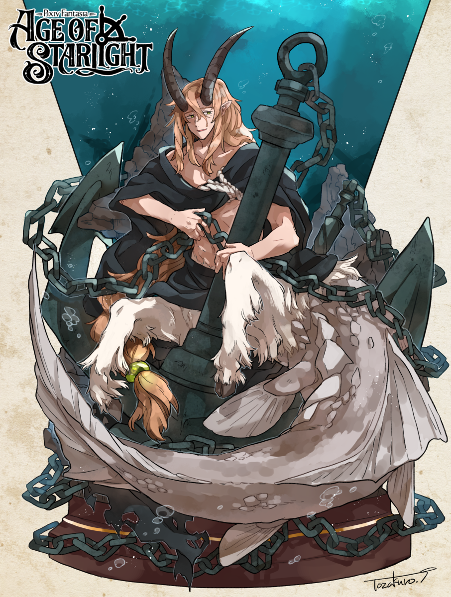 1boy air_bubble anchor artist_name black_cloak blue_background brown_background brown_hair bubble centauroid chain chimera cloak fins full_body goat_horns green_eyes hair_between_eyes highres holding holding_anchor hooves horns long_hair looking_at_viewer low-braided_long_hair male_focus monster_boy multicolored_background open_mouth pixiv pixiv_fantasia pointy_ears rock scales sitting smile solo taur tozakuro_s underwater very_long_hair white_fur