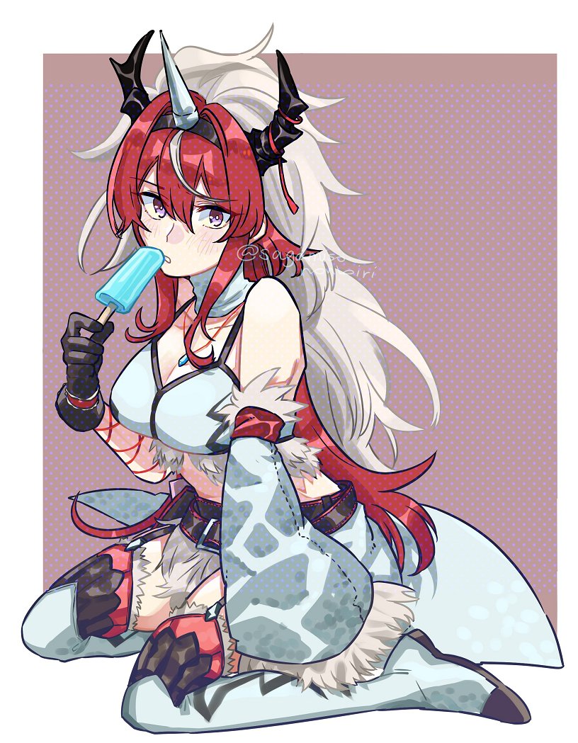 1girl arknights black_gloves boots breasts cleavage crossover detached_sleeves food garter_straps gloves hair_between_eyes horns jewelry kirin_(armor) large_breasts loincloth long_hair looking_at_viewer monster_hunter_(series) multicolored_hair necklace popsicle purple_eyes red_hair sagamiso simple_background single_detached_sleeve single_glove solo surtr_(arknights) thigh_boots twitter_username