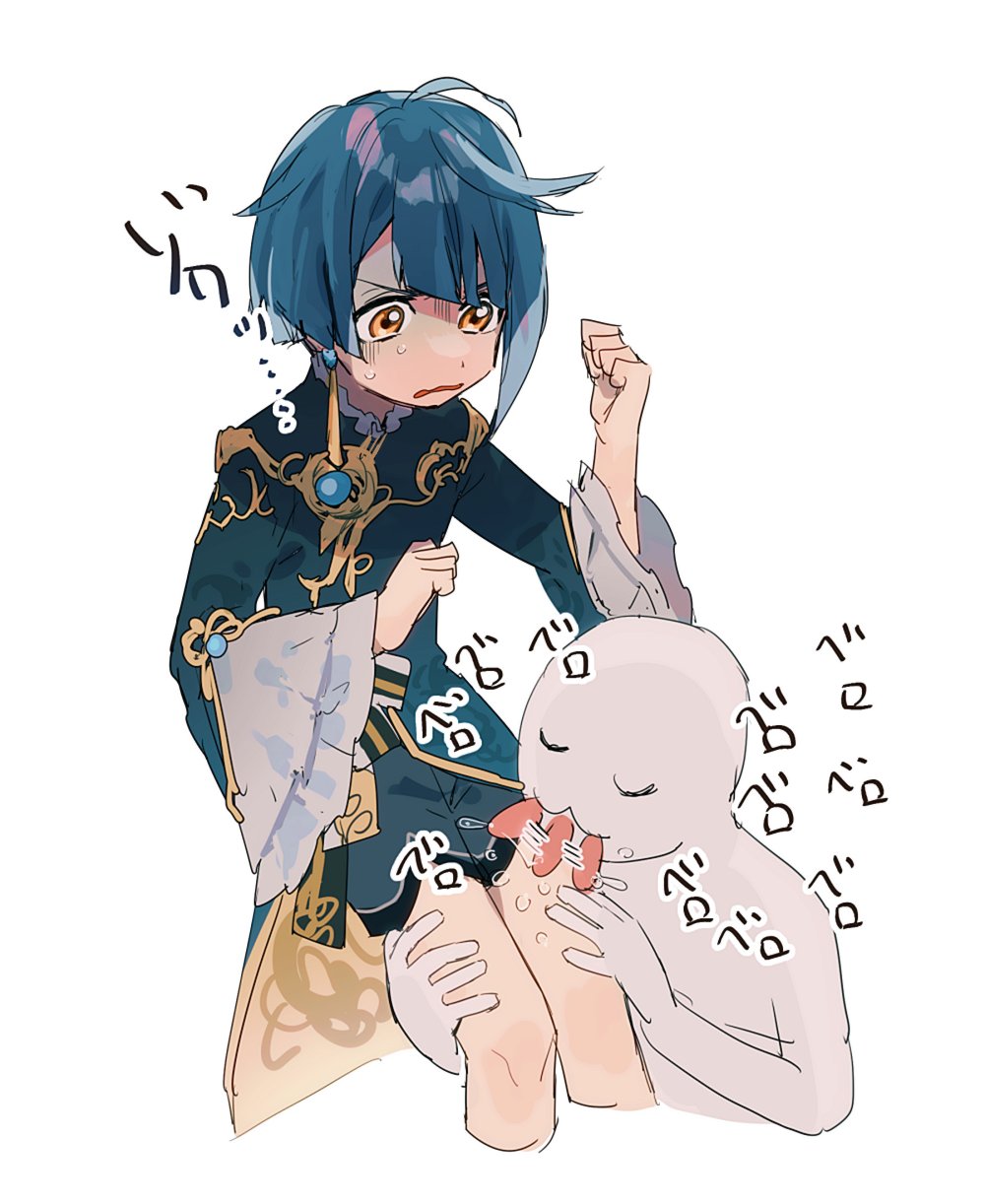 1boy 1other blue_hair clenched_hands closed_eyes cropped_legs earrings frills genshin_impact highres jewelry licking licking_leg long_sleeves male_focus open_mouth orange_eyes oshi_taberu saliva shaded_face shorts simple_background single_earring sweat white_background xingqiu_(genshin_impact)