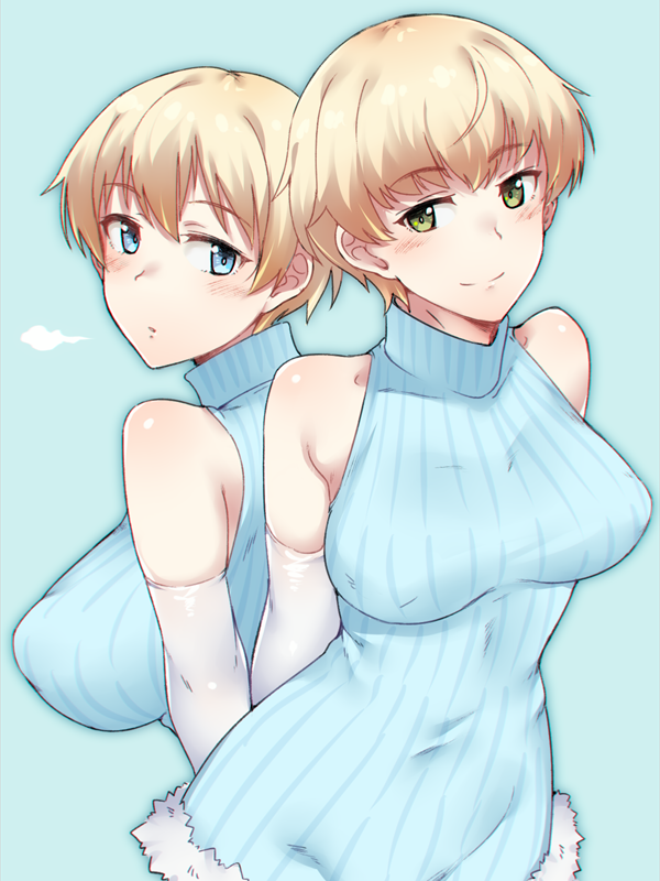 2girls bare_shoulders blonde_hair blue_background blue_eyes blush brave_witches breasts closed_mouth elbow_gloves em_(totsuzen_no_hakike) gloves green_eyes hanna_wind large_breasts looking_at_viewer looking_back multiple_girls nikka_edvardine_katajainen open_mouth short_hair simple_background sweater white_gloves world_witches_series