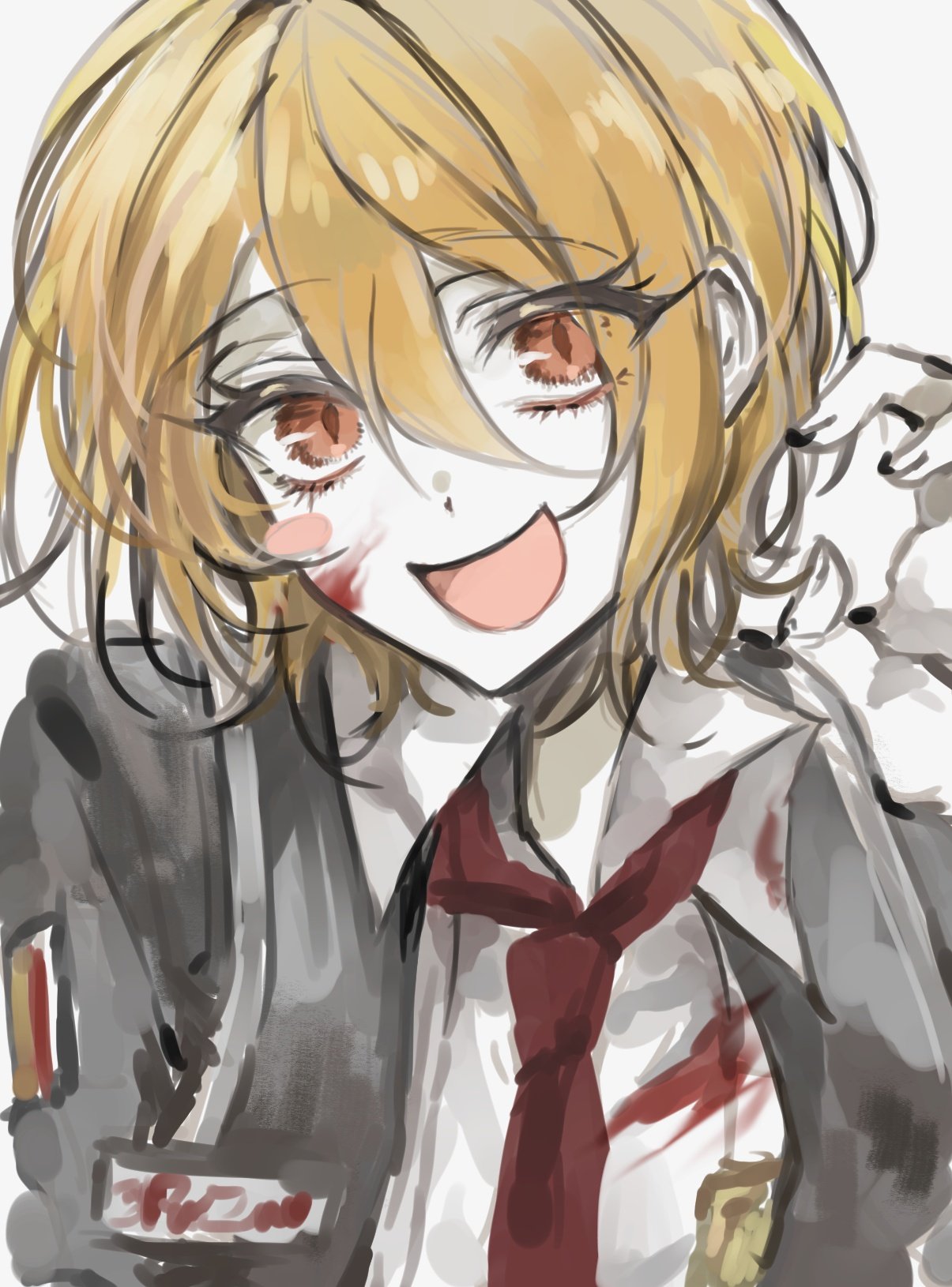 1girl badge black_vest blonde_hair blood blood_on_face blush_stickers collared_shirt don_quixote_(project_moon) hand_up highres limbus_company luull necktie open_mouth orange_eyes project_moon red_necktie shirt simple_background smile solo vest white_background white_shirt