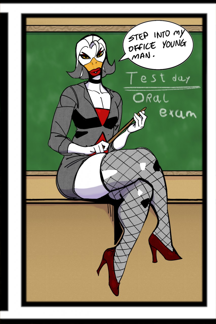 2018 aducksomewhere anatid anseriform anthro avian beak bird black_choker black_jewelry black_necklace chalkboard choker classroom clothing comic_panel duck ducky_(aducksomewhere) english_text eyeshadow female fishnet fishnet_legwear fishnet_thigh_highs footwear girly hi_res high_heels holding_object jewelry jijis-waifus legwear lipstick looking_at_viewer makeup male_(lore) necklace red_eyeshadow red_high_heels red_lipstick school sitting_on_desk solo speech_bubble teacher text white_body yellow_eyes