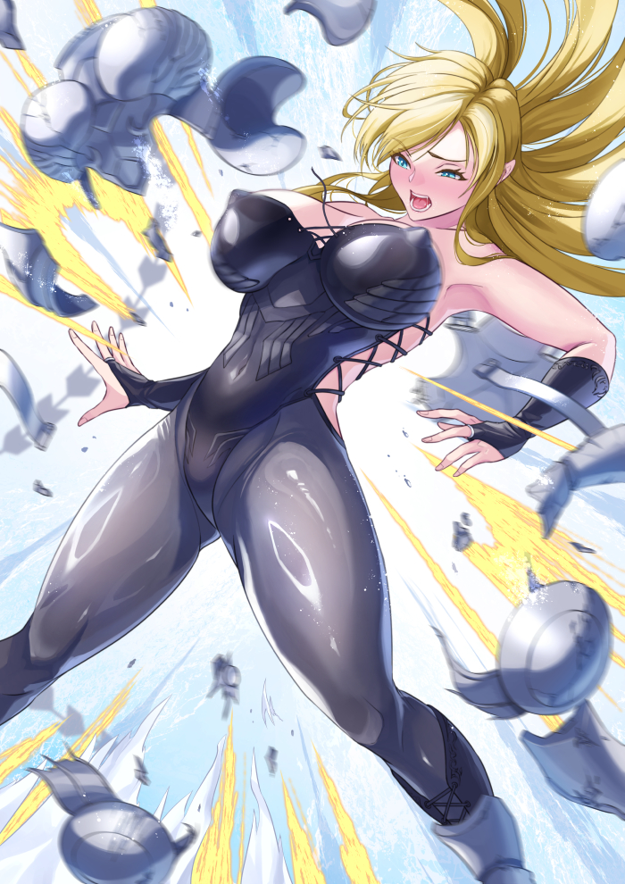 1girl armor armpits bare_shoulders black_leotard blonde_hair blue_eyes blush breastplate breasts breasts_apart bridal_gauntlets broken_armor commission covered_nipples cross-laced_leotard ema_(emaura) feet_out_of_frame grey_pantyhose highleg highleg_leotard janne_d'arc large_breasts leaning_back leotard long_hair motion_blur open_mouth pantyhose parted_hair pixiv_commission solo surprised thick_thighs thighs world_heroes