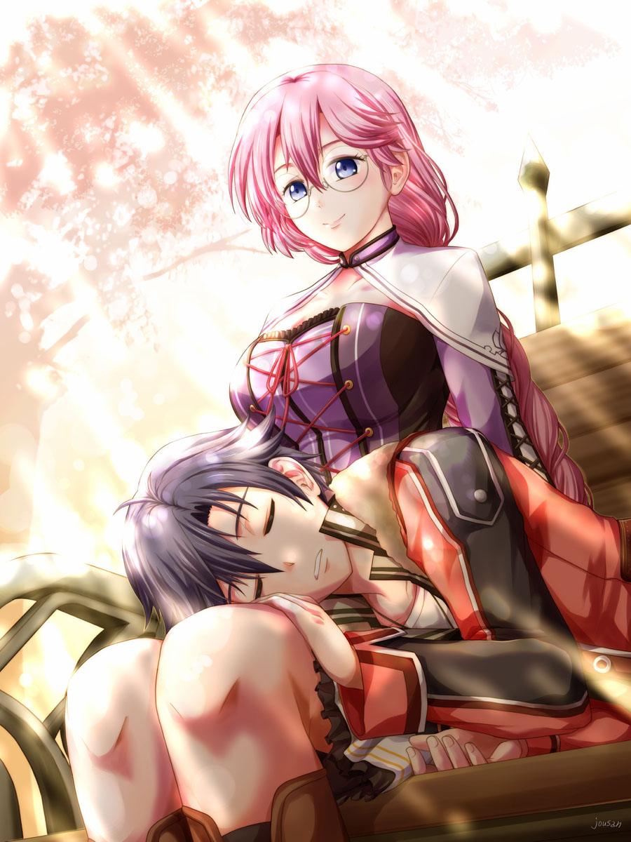 1boy 1girl ahoge bench black_hair breasts coat eiyuu_densetsu emma_millstein fur_collar hair_between_eyes highres lap_pillow large_breasts light_rays long_hair outdoors park_bench pink_hair ponytail rean_schwarzer sen_no_kiseki sen_no_kiseki_ii sleeping sunbeam sunlight xiacheng_tatsuya