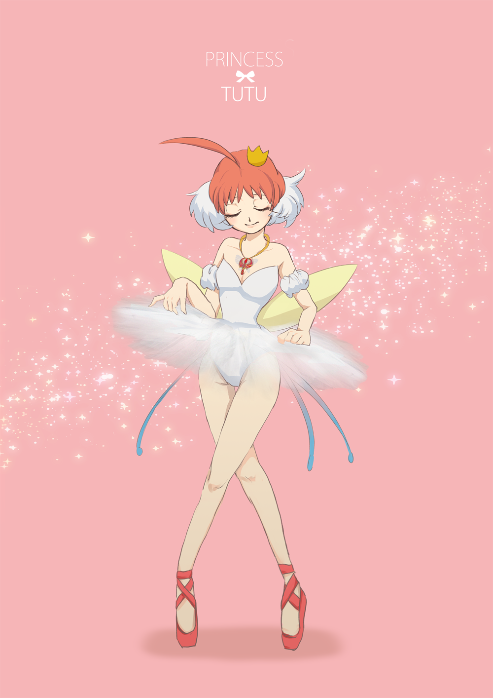 ahoge amelle ballerina ballet ballet_slippers bare_shoulders closed_eyes commentary crown en_pointe english_text headdress highres jewelry leotard leotard_peek lifted_by_self necklace orange_hair pantyhose pendant pink_pantyhose princess_tutu princess_tutu_(character) simple_background strapless strapless_leotard tutu white_leotard