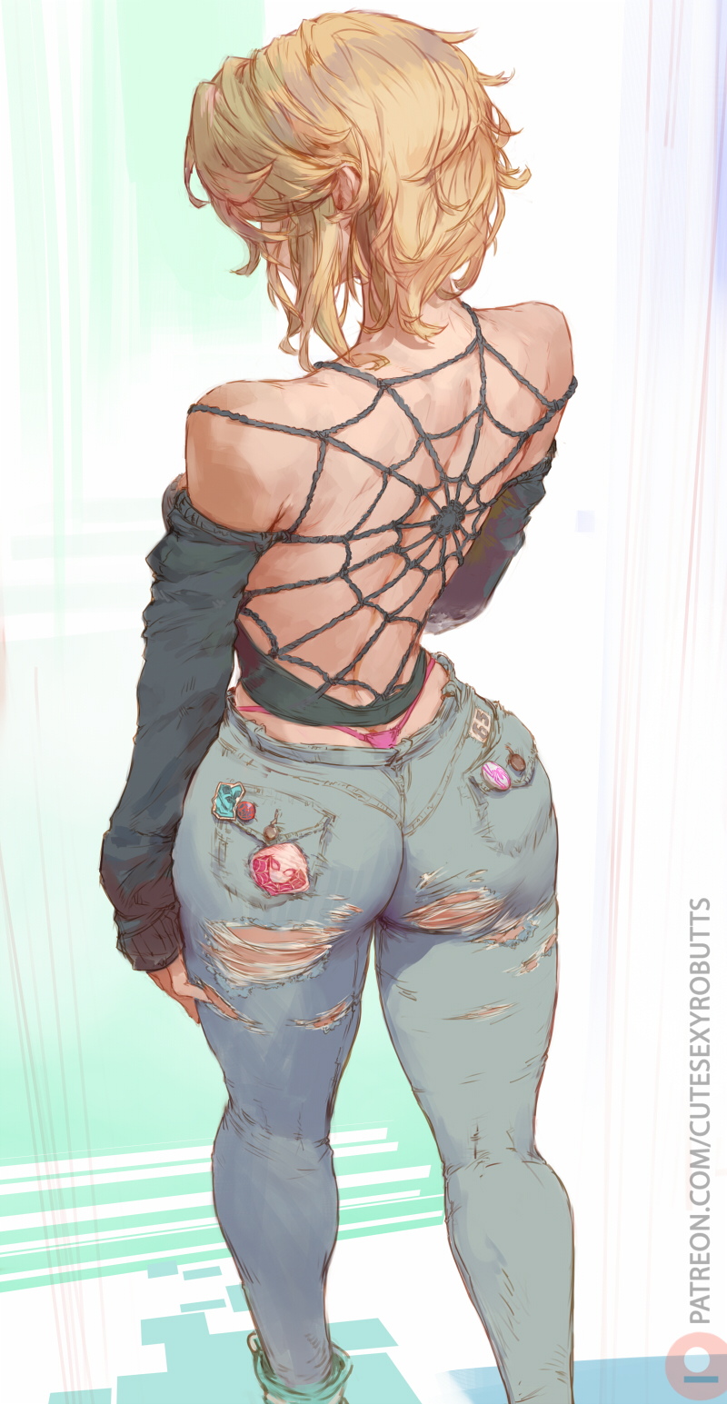 1girl ass back badge bare_shoulders black_shirt blonde_hair blue_pants breasts button_badge cutesexyrobutts denim gwen_stacy highres jeans large_breasts long_sleeves marvel off_shoulder panties pants pink_panties shirt short_hair solo spider-man_(series) spider_web_pattern thighs thong torn_clothes torn_pants underwear