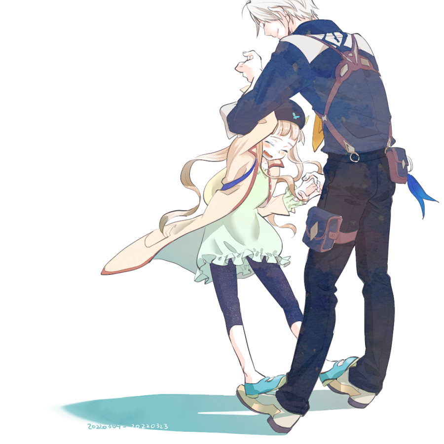 1boy 1girl black_leggings black_pants blonde_hair blue_footwear blunt_bangs blush child closed_eyes dancing dress elle_mel_martha father_and_daughter frilled_dress frills full_body happy hat hayashian holding_hands leggings long_hair looking_at_another ludger_will_kresnik pants parent_and_child shadow short_hair sketch smile standing_on_another's_feet tales_of_(series) tales_of_xillia tales_of_xillia_2 twintails wavy_hair white_background white_footwear white_hair
