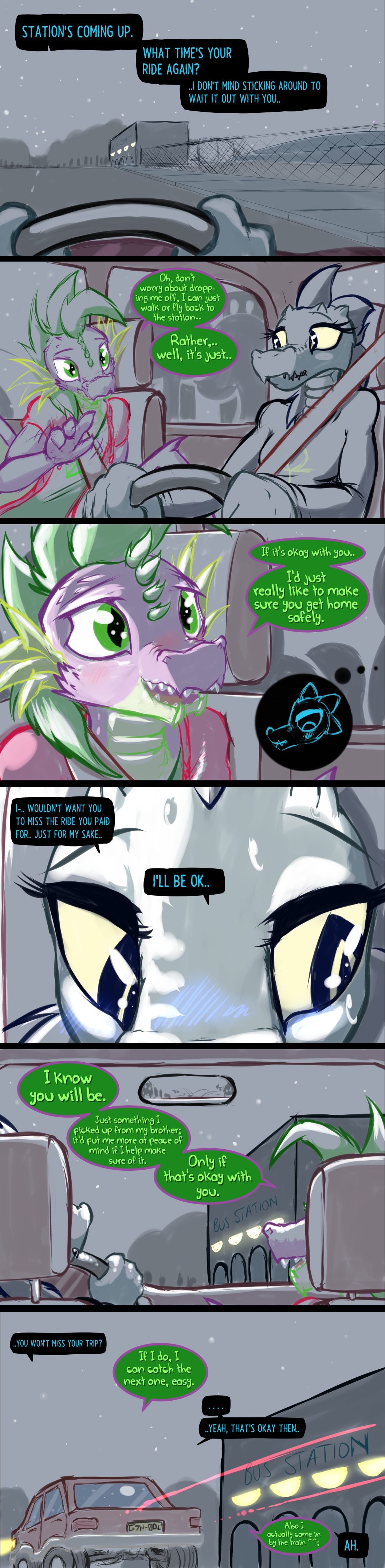 absurd_res bea_santello blush car comic crossover dialogue driving english_text friendship_is_magic frist44 hasbro hi_res long_image my_little_pony night night_in_the_woods seatbelt spike_(mlp) tall_image text vehicle