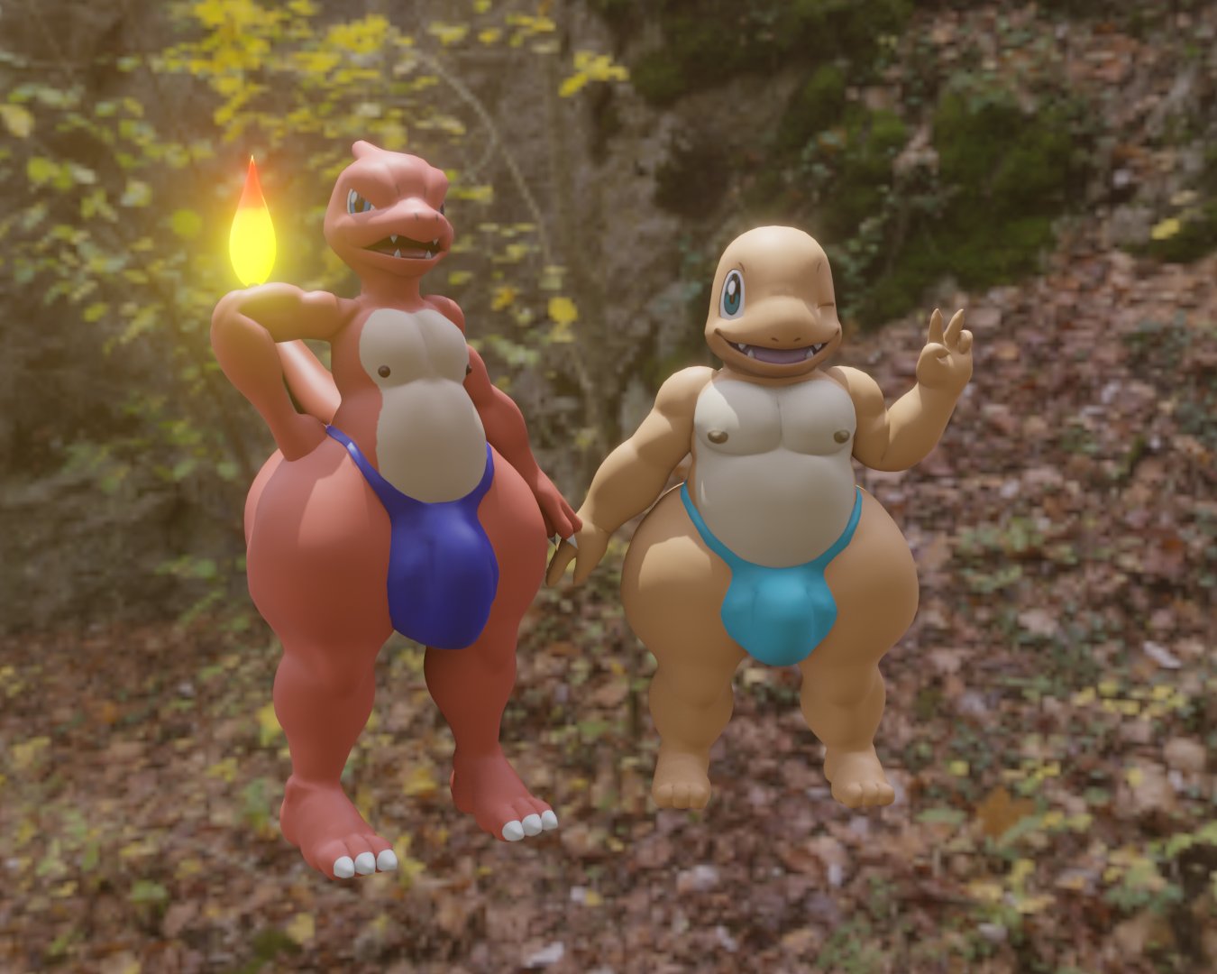 2023 3d_(artwork) 5:4 anthro blender_(software) blender_eevee bottomwear bottomwear_down brother_(lore) brothers_(lore) bulge charmander charmeleon chubby_male clothed clothing digital_media_(artwork) duo fire flaming_tail generation_1_pokemon goeybowser lizard male male/male nintendo nipples one_eye_closed open_mouth orange_body panties pants pants_down partially_clothed pokemon pokemon_(species) reptile scalie sibling_(lore) simple_background tail underwear wink