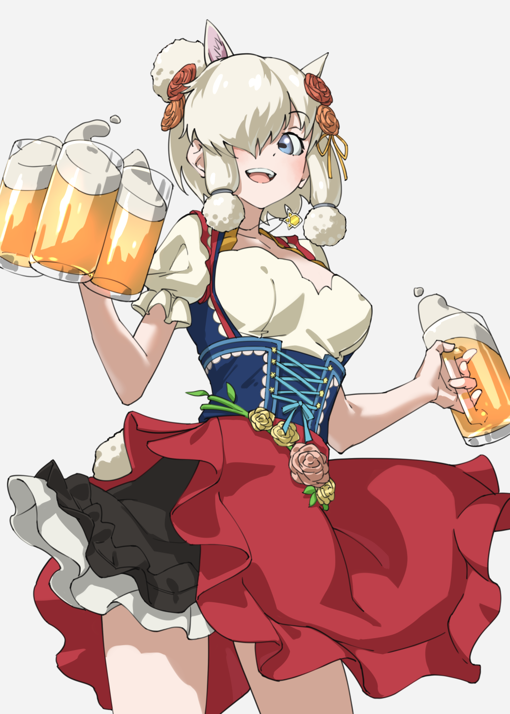 1girl :d alcohol alpaca_ears alpaca_girl alpaca_suri_(kemono_friends) animal_ears bare_arms beer beer_mug blue_eyes bodice breasts commentary cowboy_shot cup dirndl extra_ears flower german_clothes hair_bun hair_flower hair_ornament hair_over_one_eye highres holding holding_cup horizontal_pupils jewelry kemono_friends kemono_friends_3 large_breasts long_bangs mug official_alternate_costume one_eye_covered open_mouth pendant puffy_short_sleeves puffy_sleeves red_skirt short_hair short_sleeves simple_background single_hair_bun skirt smile solo tanabe_(fueisei) teeth underbust upper_teeth_only white_background white_hair