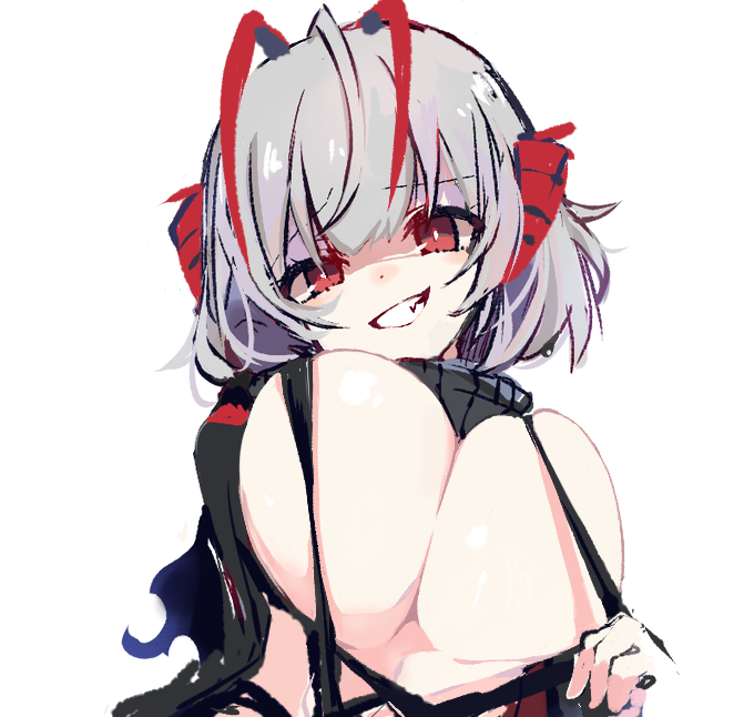 1girl ahoge antennae arknights black_shirt breasts bright_pupils cleavage demon_girl demon_horns grey_hair grin horns large_breasts looking_at_viewer red_eyes shirt short_hair simple_background smile solo strap_pull sukima_(crie) teeth torn_clothes torn_shirt upper_body w_(arknights) white_background white_pupils