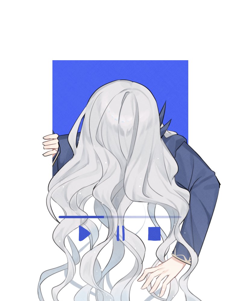 1boy argalia_(library_of_ruina) blue_jacket hair_over_face jacket library_of_ruina long_hair long_sleeves love_mintchoco male_focus pause_button play_button project_moon simple_background solo very_long_hair white_background white_hair