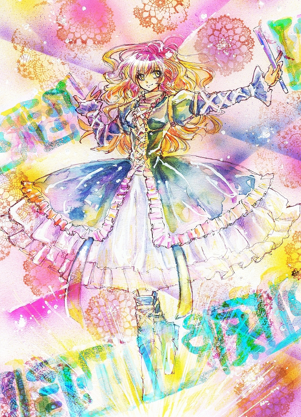 1girl black_dress blonde_hair closed_mouth dress floral_background full_body gradient_hair highres hijiri_byakuren holding juliet_sleeves layered_dress light_smile long_hair long_sleeves multicolored_background multicolored_hair puffy_sleeves purple_hair smile solo sorcerer's_sutra_scroll soushi_(shio040) touhou white_dress