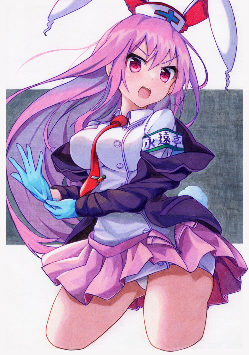 1girl adjusting_clothes adjusting_gloves alternate_hair_color animal_ears blue_gloves blush breasts carrot_pin commentary_request cropped_legs cross gloves hat highres kittona large_breasts long_hair long_sleeves looking_at_viewer miniskirt necktie nurse_cap open_mouth panties pink_hair pink_skirt plastic_gloves pleated_skirt rabbit_ears rabbit_tail red_armband red_eyes red_necktie reisen_udongein_inaba shirt skirt solo tail thighs tie_clip touhou traditional_media underwear v-shaped_eyebrows watercolor_pencil_(medium) zipper zipper_pull_tab