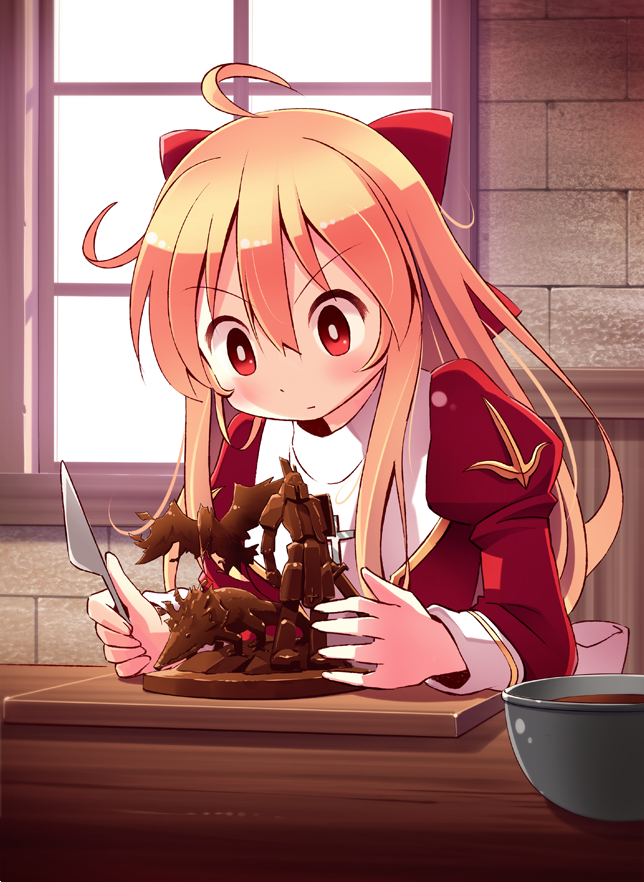 1girl ahoge blonde_hair blush bowl brick_wall chocolate chocolate_statue closed_mouth commentary_request concentrating cross cross_necklace doridori dress hair_between_eyes high_priest_(ragnarok_online) holding holding_knife indoors jewelry juliet_sleeves kasa_(ragnarok_online) knife long_hair long_sleeves medium_bangs necklace plate puffy_sleeves ragnarok_online red_dress red_eyes salamander_(ragnarok_online) sidelocks solo sword_guardian table two-tone_dress upper_body v-shaped_eyebrows white_dress window