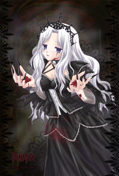 1girl archived_source artist_name banshee_(mabinogi) black_dress black_nails blood blood_on_arm blood_on_face blood_on_hands breasts character_name choker cleavage colored_eyelashes crying crying_with_eyes_open dress facial_mark fingernails frilled_choker frilled_dress frills gothic_lolita hair_intakes halterneck hands_up lolita_fashion long_hair looking_at_viewer mabinogi medium_breasts purple_eyes see-through see-through_sleeves shararan sharp_fingernails skull skull_choker solo streaming_tears tears tiara wavy_hair white_hair