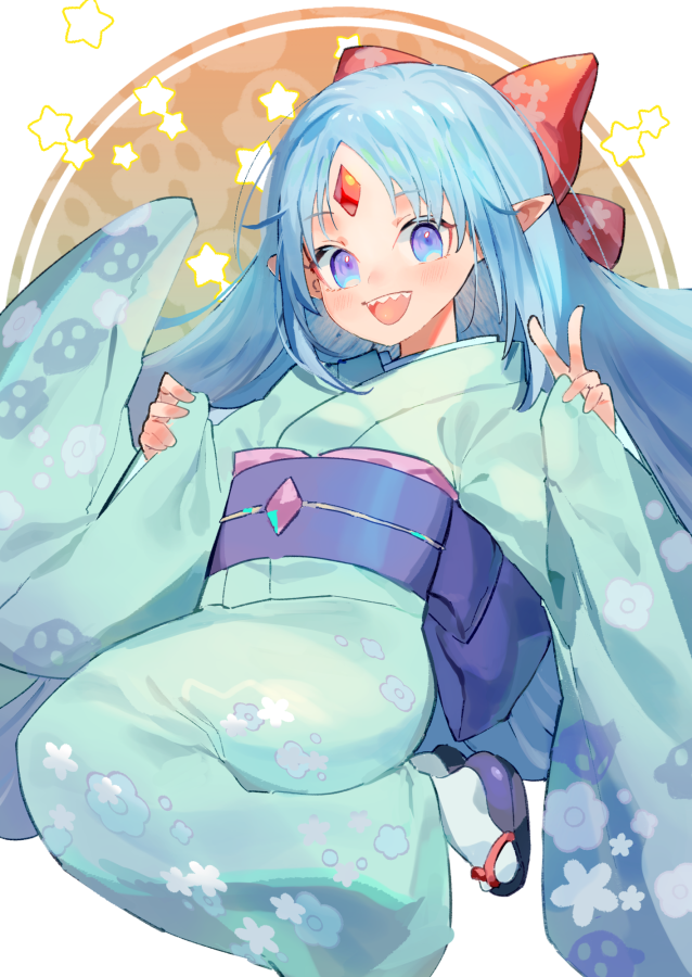 1girl aqua_kimono blue_eyes blue_hair blush_stickers bow forehead_jewel full_body hair_bow hanny japanese_clothes kimono long_hair looking_at_viewer obi open_mouth pointy_ears rance_(series) rance_quest reset_kalar saidasai sandals sash sharp_teeth simple_background smile solo tabi teeth v white_background